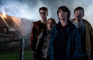 Left to right: Gabriel Basso plays Martin, Ryan Lee plays Cary, Joel Courtney plays Joe Lamb, and Riley Griffiths plays Charles Kasnick in SUPER 8, from Paramount Pictures.