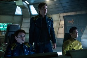 Left to right: Anton Yelchin plays Chekov, Chris Pine plays Kirk and John Cho plays Sulu in Star Trek Beyond from Paramount Pictures, Skydance, Bad Robot, Sneaky Shark and Perfect Storm Entertainment